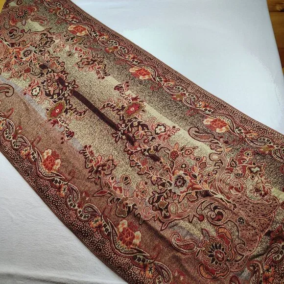 100% Pashmina Shawl 67.5 x 27 Red Orange Gold Shimmer Jacquard Paisley Fringe - Picture 5 of 12